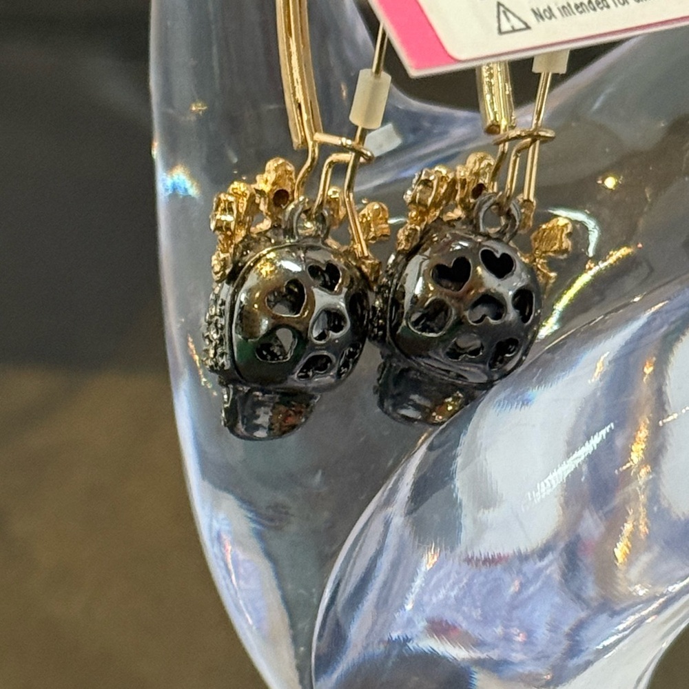 Betsey Johnson Gold and Black Pave Skull Earrings - Picture 6 of 8
